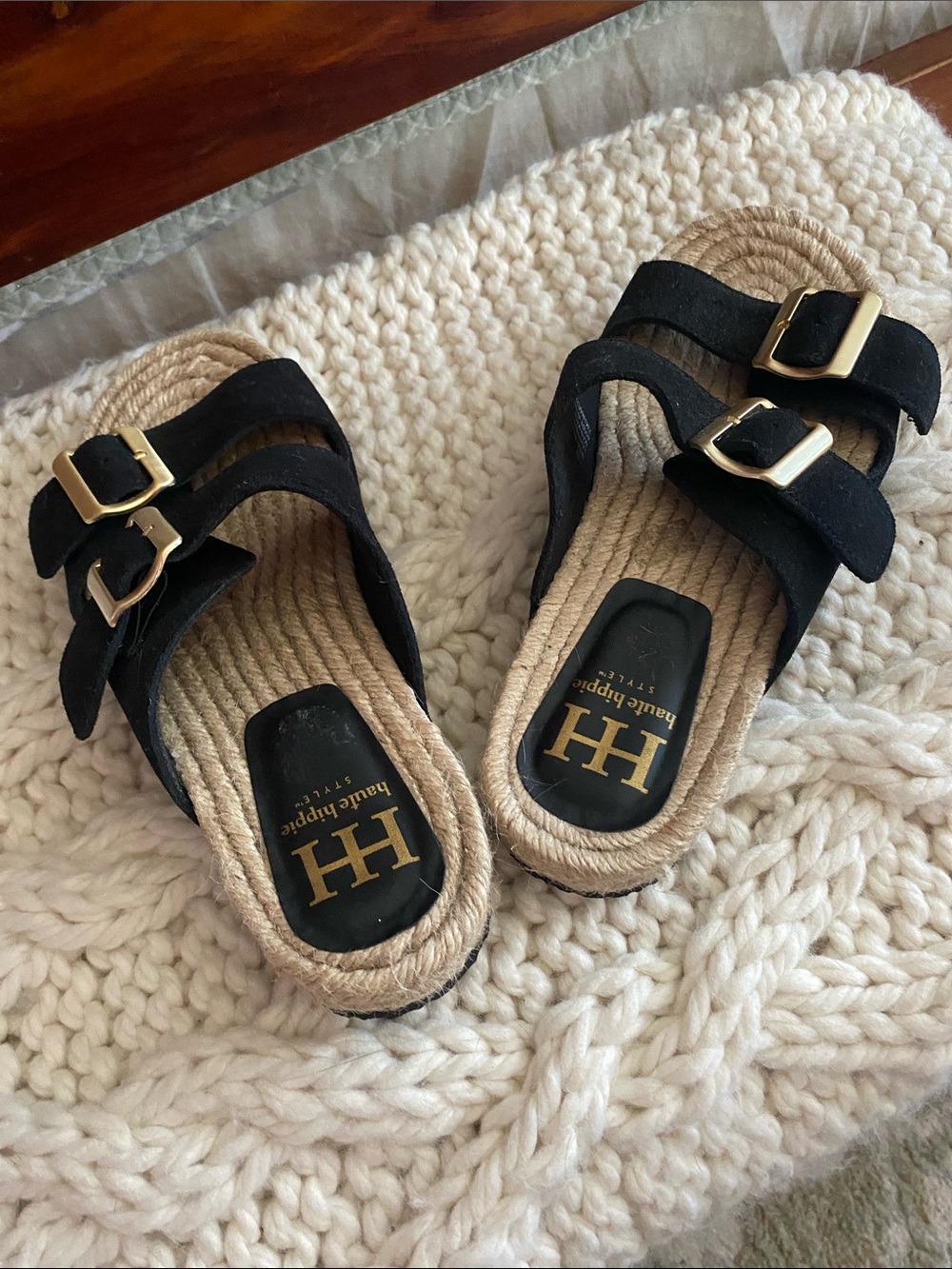 Haute Hippie Black Suede Double-Buckle Espadrille Slides with Gold Buckles